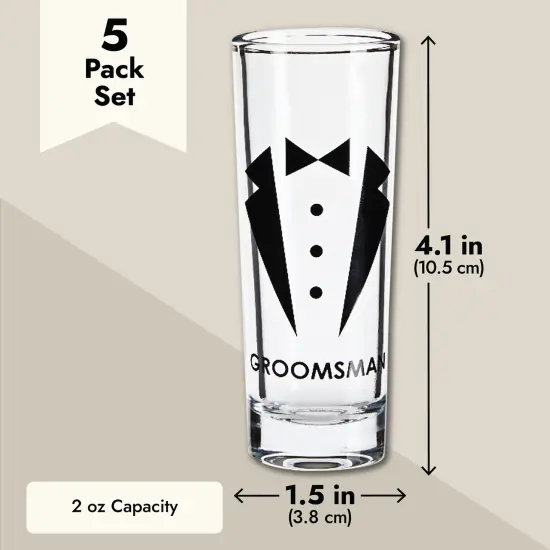 Set of 5 Groomsmen Shot Glasses with Tuxedos for Bachelor Party Decorations and Favors or Groomsmen Gifts, Wedding Shot Glasses, Heavy Base for Tequila, Whiskey, Vodka (2 oz Each) {4}