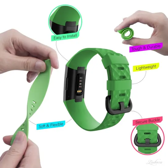 Zodaca Silicone Watch Band Compatible with Fitbit Charge 3, Charge 3 SE (Large), and Charge 4, Fitness Tracker Replacement Bands, Green {4}