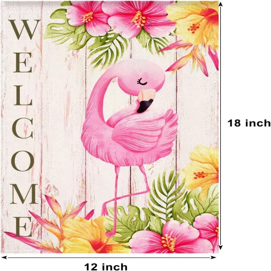 Flamingo Welcome Summer Garden Flag Tropical Pink Bird Yard Flag 12x18 Inch Vertical Double Sided Rustic Seasonal Outside Decorations {4}