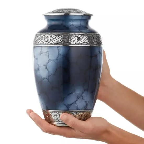 Adult Cremation Urn for Human Ashes - Blue and Silver with Velvet Bag {2}