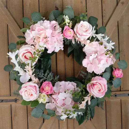 Artificial Pink Rose Wreath 20 inches Front Door Wreath with Hydrangea Green Leaves Wreath Artificial Spring Wreath Valentines Mother's Day Wreath for Wall Wedding Party Home Decor (Pink) {4}