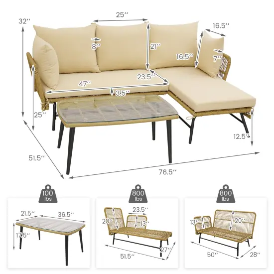 3 Pieces L-Shaped Patio Sofa with Tempered Glass Coffee Table with Metal Frame Beige {5}