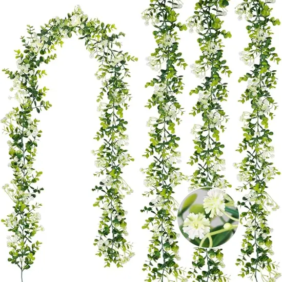 6FT Eucalyptus Garland with Flowers, 4 Pack Greenery Hanging Faux Eucalyptus Garland Suitable for Table Wedding Backdrop Arch Wall Party Spring UV Protected Indoor Outdoor Decorations {1}