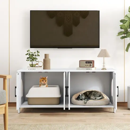 MDF Engineered Board Cat Litter Box Enclosure with Barn Door and Multi-Functional Design White {3}