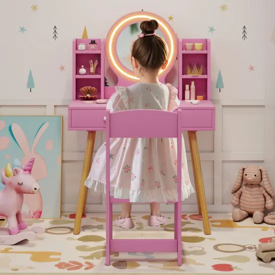 MDF and Pine Wood Kids Vanity Set with LED Mirror, Storage and Chair Pink {3}