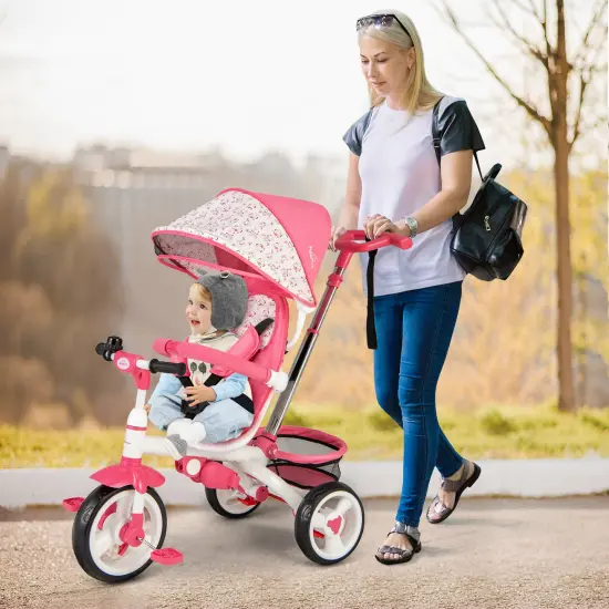 5-in-1 Detachable Baby Stroller Tricycle with Adjustable Sun Protection and Foldable Footrests Pink {1}