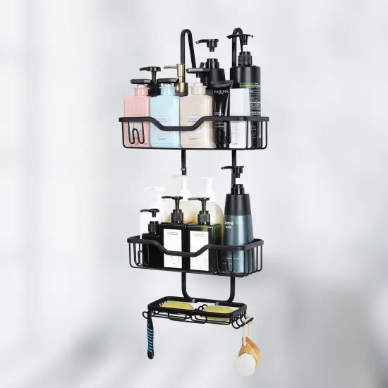 3-Tier Rustproof Shower Caddy with 4 Hooks &ndash; No Drill Hanging Bathroom Organizer, 40 lb Capacity, Adhesive Suction Cups for Shampoo, Soap, Towels {1}