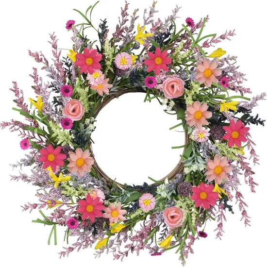 Spring Wreaths for Front Door 20 Inch Artificial Summer Wreath Daisy and Lavender Wreath Wildflowers Wreath for Home Wall Farmhouse Springtime Easter Holiday Party Decor {5}