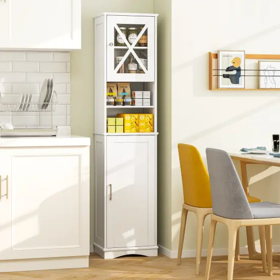 67 Inch Tall Freestanding Bathroom Storage Cabinet with 5 Adjustable Shelves and 2 Open Compartments White {2}