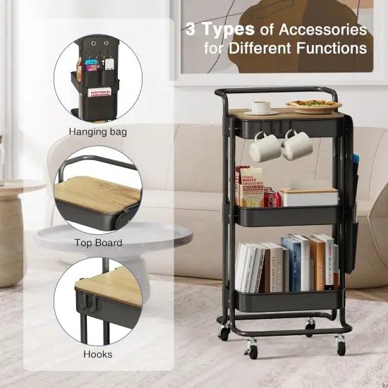 3 Tier Metal Utility Rolling Cart with Table Top and Side Bag-Art Craft 4 Hooks - (Black) {5}