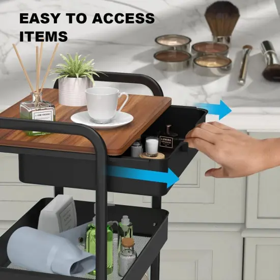 3 Tier Rolling Cart with Drawer, Metal Utility Cart on Wheels Storage Cart {2}