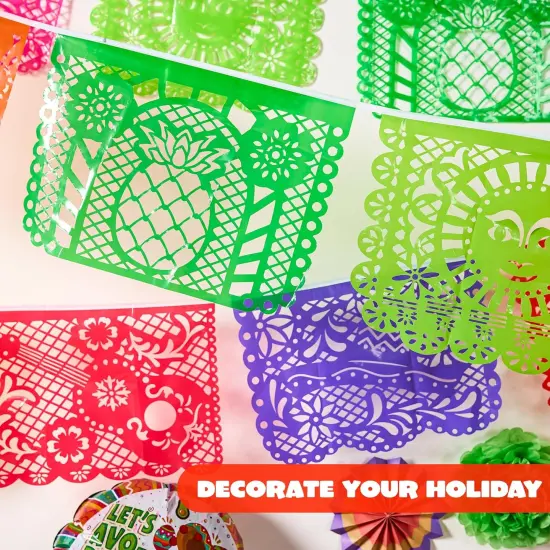Cinco de Mayo Plastic Papel Picado Banner(4 pack with 8 Multicolor Plastic Flags per Banner), Mexican Party Banners for Fiesta Party Decorations, Dia Muertos Decor {3}