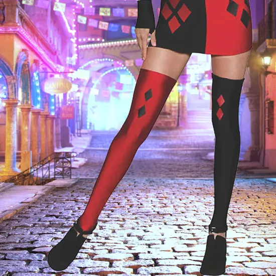 Womens Harley Quinn Costume with Dress Mask and Thigh High Stockings {2}