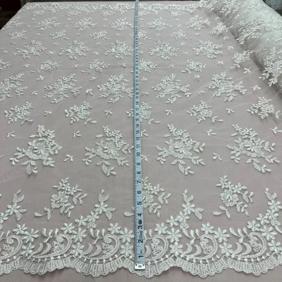 1 Yard Corded Bridal Lace Fabric Embroidered on 100% Polyester Net Mesh 53" Width White {2}