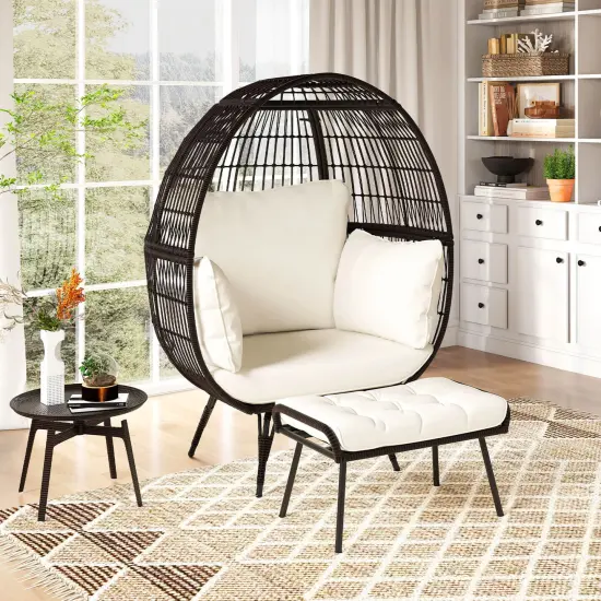 Costway 2 PCS Patio Wicker Lounge Basket Set Oversized Egg Chair with Soft Cushions {5}