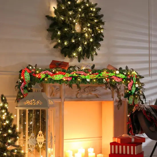6 ft Prelit Christmas Garland with Lights for Mantle Lighted Xmas Garland with Red Green Balls {4}