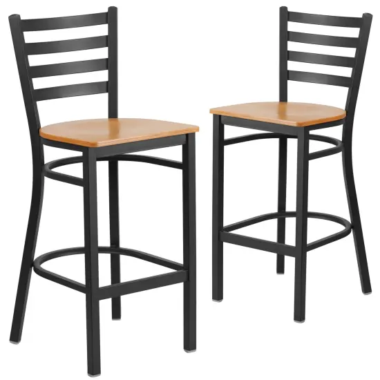 Emma and Oliver 2 Pack Ladder Back Metal Restaurant Barstool NaturalWood/Black {2}