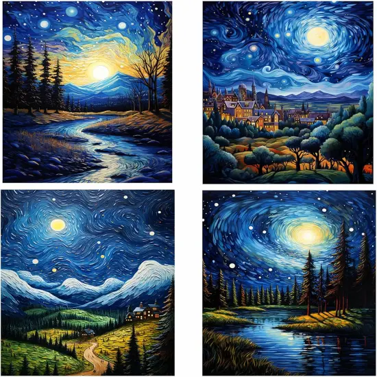 4 Pack Diamond Painting Kits for Adults, Van Gogh Starry Night Diamond Art Kits for Adults, Full Drill Diamond Art Paint with 5D Round Diamonds, DIY Gem Painting Kit for Home Wall Decor {1}