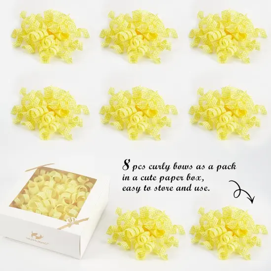 Yellow Bows for Gift Wrapping Self Adhesive Gift Bows Plaid Curly Ribbon Bow for Presents, Treat Bags, Party Favors, Holiday Easter Decor, Wrapping Accessories -5 inch x 8 Counts {5}