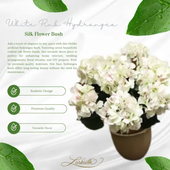 22-Inch White Pink Artificial Hydrangea Bush - Set of 7 Lifelike Heads - Versatile Decor for Weddings, Home, Arrangements, Wreaths - Premium Quality Silk Flower, Floral Home by Artificial Flowers {2}