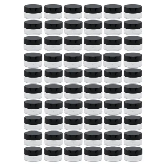 Creative Mark Sample Containers - .24 oz Size, 60-Pack Clear Plastic Sample Jars, Cosmetic Containers with Lids, Wide-Mouth Opening, Easy to Label, Black Lid - Prevent Waste {1}