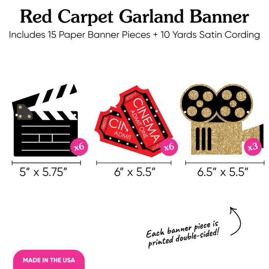 Big Dot of Happiness Red Carpet Garland Banner, Movie Night Party Banner, 30 Feet of Cord, 15 Double-Sided Clapboard, Movie Tickets, Film Reel Decorations {5}