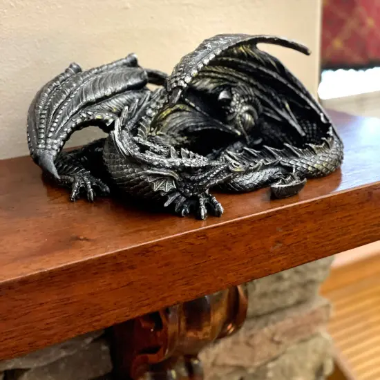 Somasaurus Metallic Black Gothic Sleeping Dragon Statue 12 in. {7}