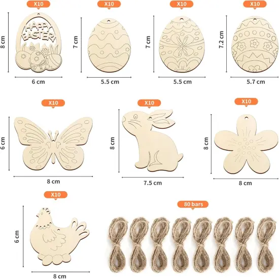 80PCS Wooden Easter Ornaments to Paint, 8 Styles DIY Blank Unfinished Wood Cutouts Ornament for Crafts Hanging Decorations, Egg Rabbit Bunny Butterfly Flower Hen Happy Easter {3}