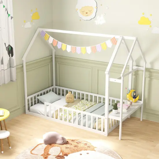 Twin House Floor Bed Montessori Bed Frame with Storage Shelf-White {2}