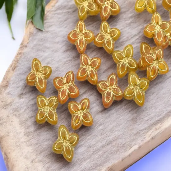 *10* 17mm Bronze Washed Matte Translucent Orange Amber 4 Petal Lily Flower Beads {1}