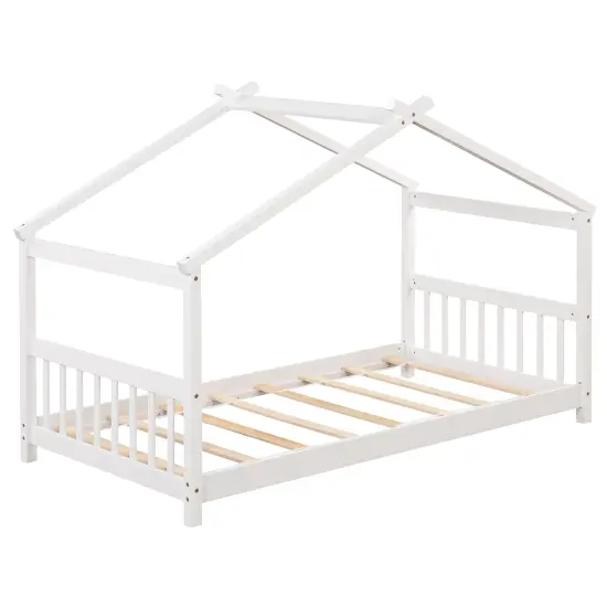 Wooden Twin Size House Bed with Roof Frame for Kids Bedroom White {1}