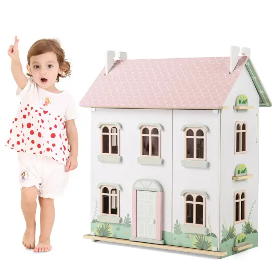 Kids Wooden Dollhouse 3 Level with Double-Sided Roofs and Doors-Pink {4}