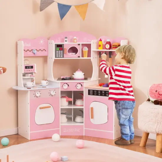 Wooden Corner Play Kitchen with Coffee Machine, Slide, and Storage for Kids Pink {5}