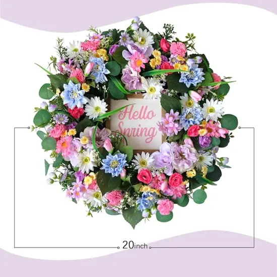20" Spring/Summer Wreaths for Front Door, Artificial Floral Wreath with Daisies Carnations Wildflowers Eucalyptus Hello Spring Sign for Wall Window Farmhouse Party Holiday Home D&eacute;cor {3}