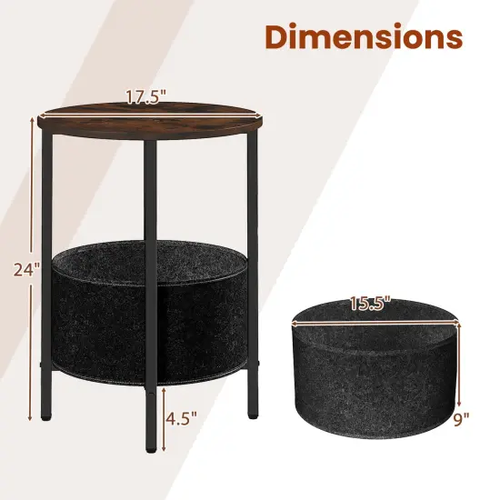 Round End Table 2-Tier Side Table with Removable Fabric Basket and Metal Frame-Rustic Brown {5}