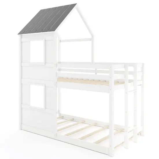 WoodenTwin Over Twin Bunk Bed with Full-length Safety Guardrail and Ladder-White and Gray {4}