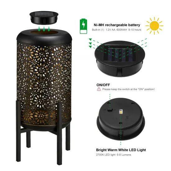 Set of 2 14.25"H Metal Cutout Flower Pattern Solar Powered LED Outdoor Lantern with Stand 2pcs White {11}