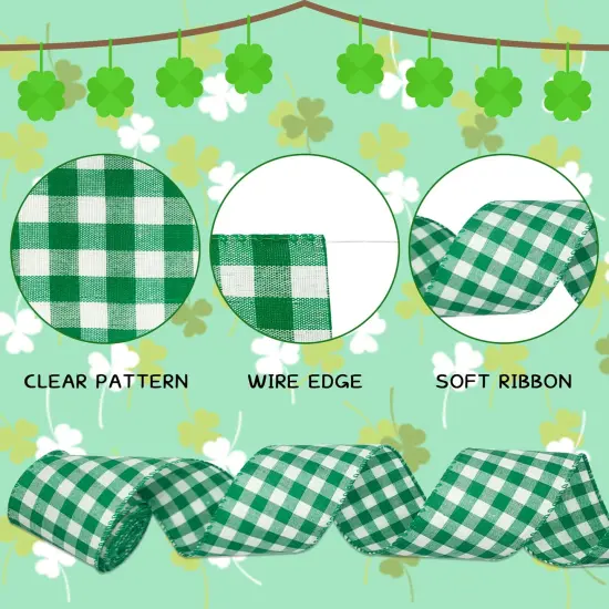 2 Rolls Buffalo Plaid Wired Edge Ribbons 2.5 Inch Wide St Patrick's Day Green Fabric Ribbons Irish Festival Burlap Ribbons for Gift Wrapping Wreath Party Decoration DIY Craft Supplies, 12 Yards {6}