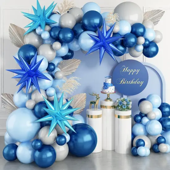 Blue Balloon Garland Arch Kit, 112 Packs Blue Mixed Balloons with Explosion Star Foil Balloons 18 12 10 5 Inch for Birthday Wedding Baby Shower Decorations Graduation Ceremony Supplies {1}
