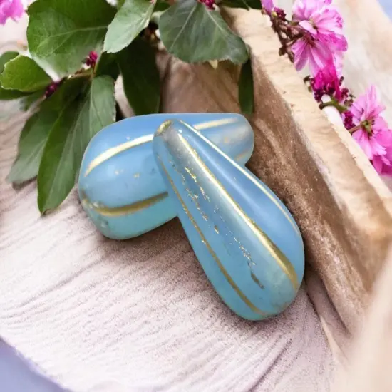 *6* 22x11mm Gold Washed Blue Aqua Opaline Melon Drop Beads {3}