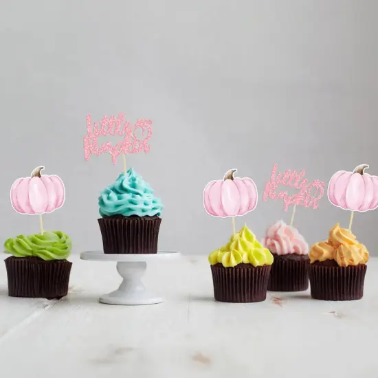24Pcs Little Pumpkin Cupcake Toppers Glitter Baby Shower Pumpkin Cupcake Picks Gender Reveal Cake {2}