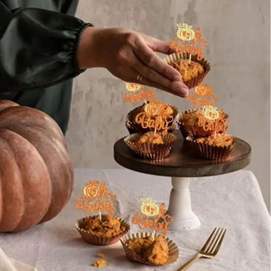 24Pcs Pumpkin Oh Baby Cupcake Toppers Glitter Pumpkin Themed {5}