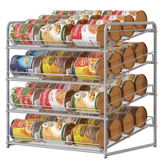 Can Rack Organizer 4-Tier Metal Can Rack Organizer Holds Up to 48 Cans, Can Dispenser for Pantry, Kitchen, Cabinets and Countertops Silver {1}