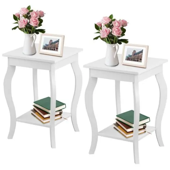 Set of 2 Modern Nightstand Side End Tables with Open Storage Shelf for Bedroom Decor White {1}