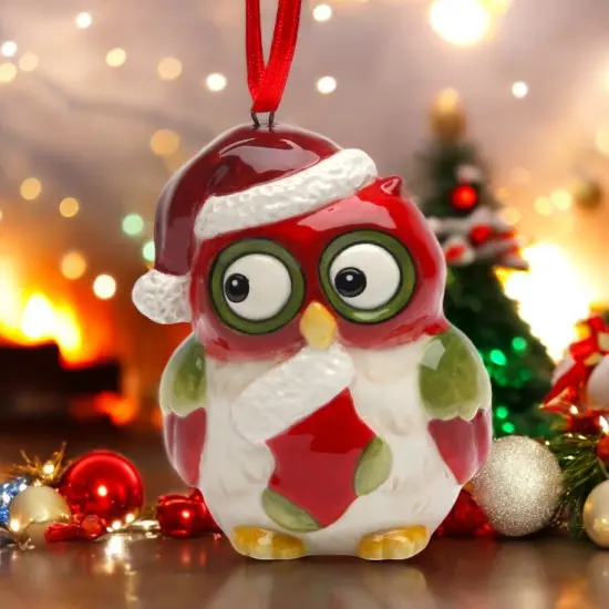Ceramic Christmas Owl: Owl With Sock Ornament, Christmas Tree Decor, Owl Collector Gift {1}