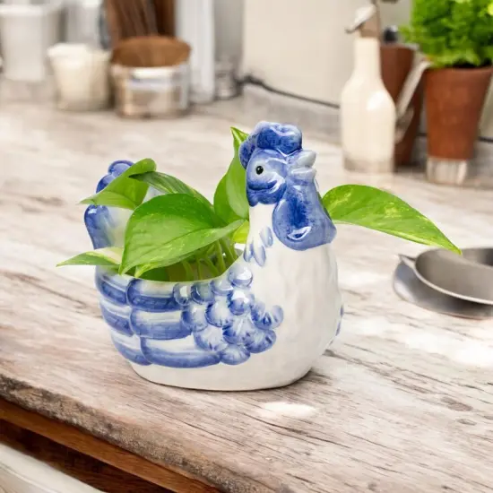 Ceramic Dutch Blue Rooster Planter, Farmhouse Decor, Gift for Her, Gift for Mom {1}