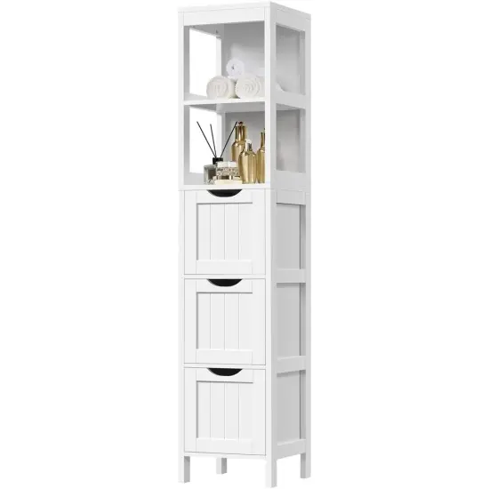 Bathroom Cabinet Tower with 3 Storage Drawers and 2 Shelves in White Wood Finish {2}
