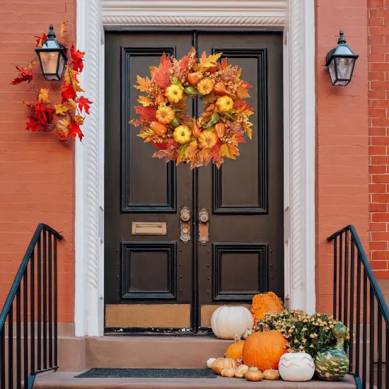 Fall Wreath 23&rsquo;&rsquo; Artificial Autumn Front Door Wreath with Large Pumpkins {3}