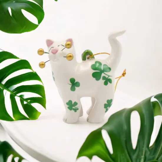 Ceramic Shamrock Cat Ornament, Home Décor, Gift for Her, Gift for Mom, Kitchen Décor, Irish Saint Patrick’s Day Décor {2}
