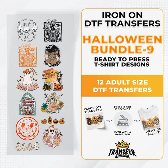 Iron on DTF Transfer Halloween Bundle 9 - 12 Best Seller T-shirt Designs Ready To Press {1}